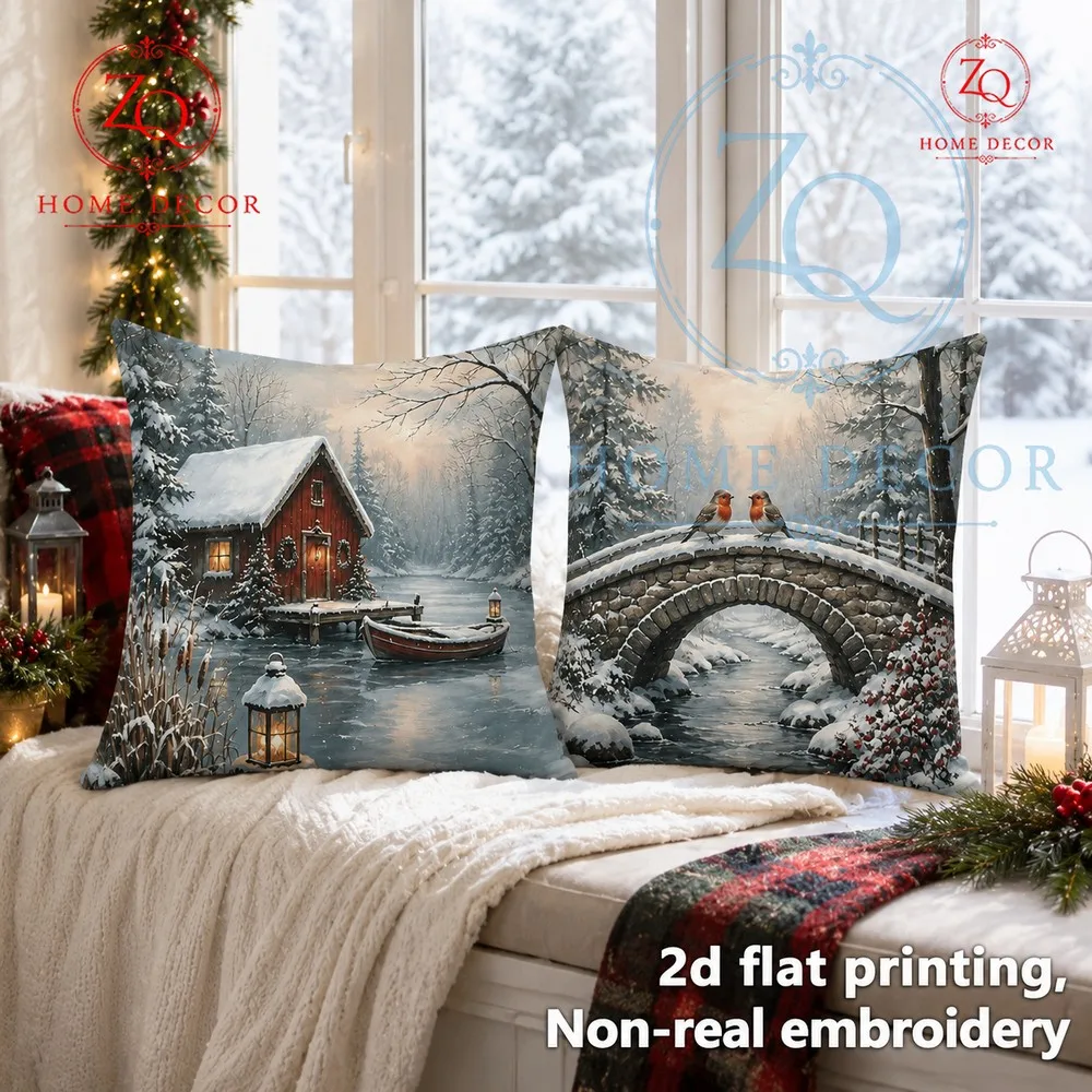Winter snow scene pillowcases retro red house  frozen lake mosphere full  warm  st lighting cree a tranquil winter ambiance