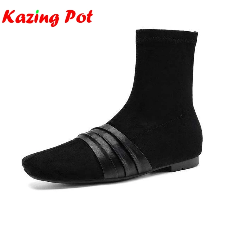 Krazing Pot 2027 Flock Square Toe Low Heels Modern Chelsea Boots Keep Warm Winter Shoes Street Wear Elastic Stretch Ankle Boots