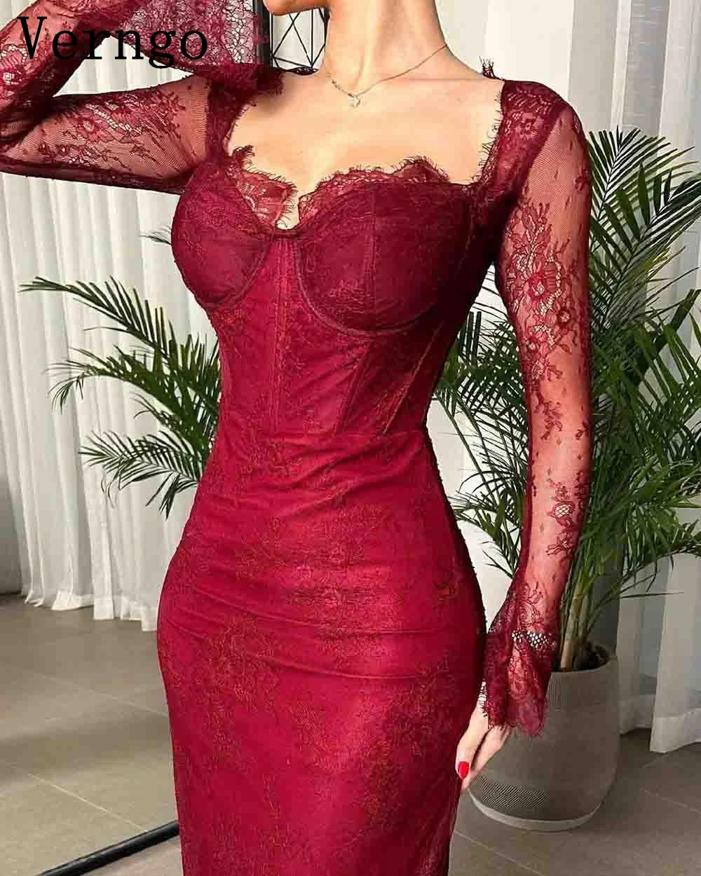 Verngo Burdungy Lace Evening Dress Sweetheart Full Sleeve Prom Gown Women Formal Mermaid Dress For Formal Occasion customized