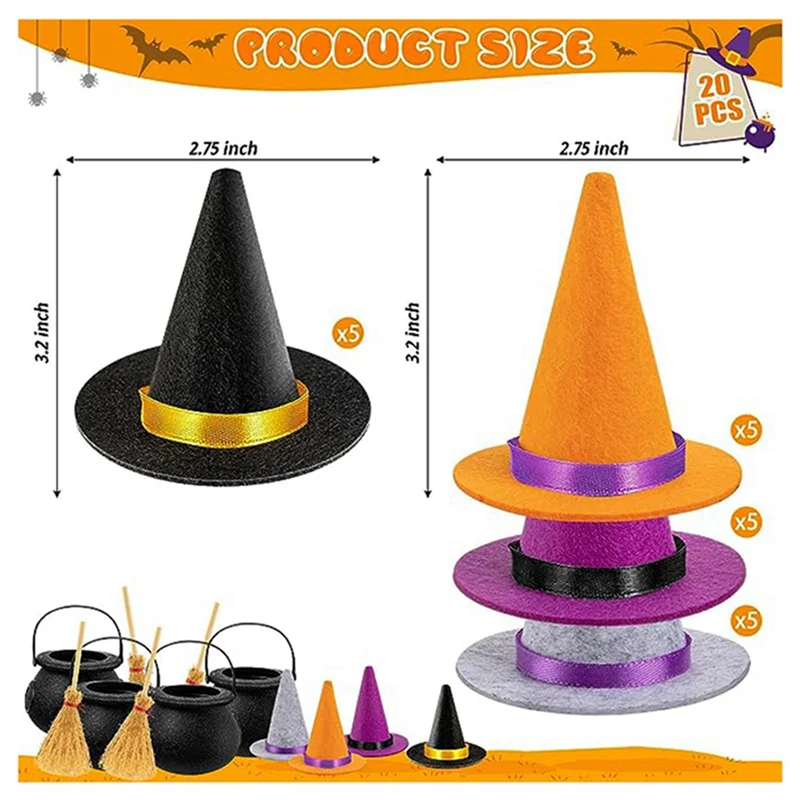 46 шт. мини-шляпы ведьмы, фетровые 4-цветные шляпы ведьмы на Хэллоуин, фетровые шляпы ведьмы, украшение для вечеринки в бутылке вина на Хэллоуин-ABJU