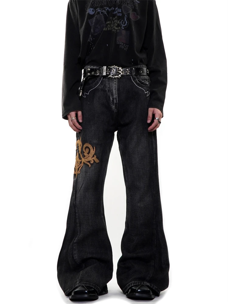 Women's Embroidered Micro Flared Jeans Unisex Bottoms Street Wide Leg Trousers Female High Waisted Straight Pants