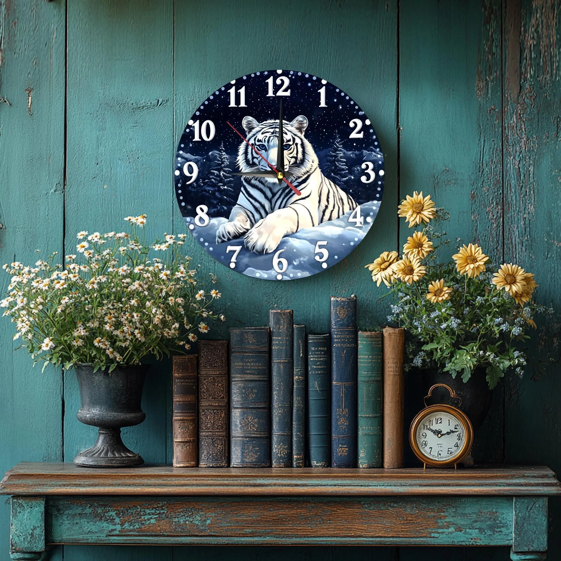 Wooden wall clock with a majestic white - tiger pattern on a snowy night scene. Ideal for home decor. Uses AA batteries