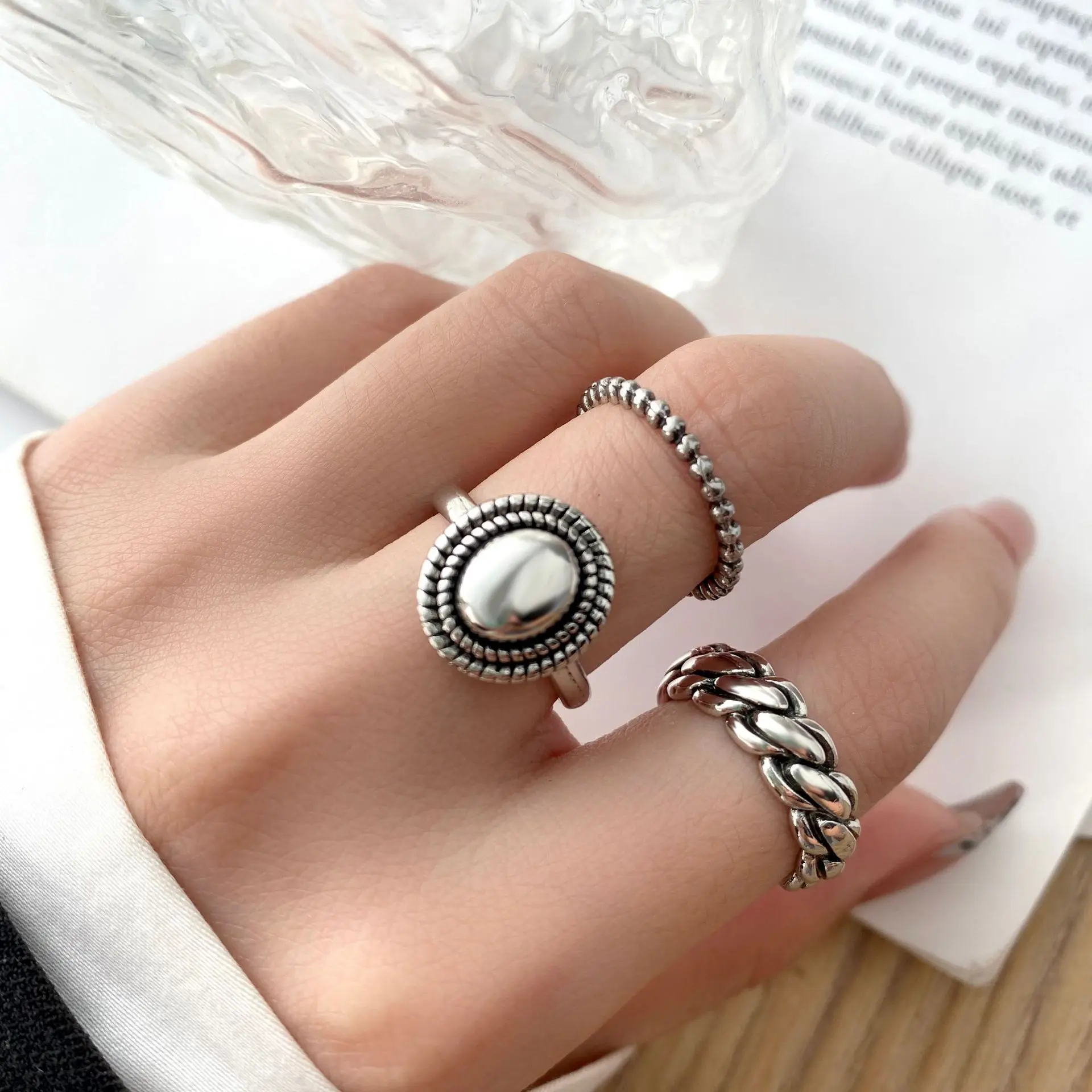 3-Piece Retro Niche Versatile Metal Fried Dough Twists Joint Ring Set Simple Chain Opening Adjustable Ring