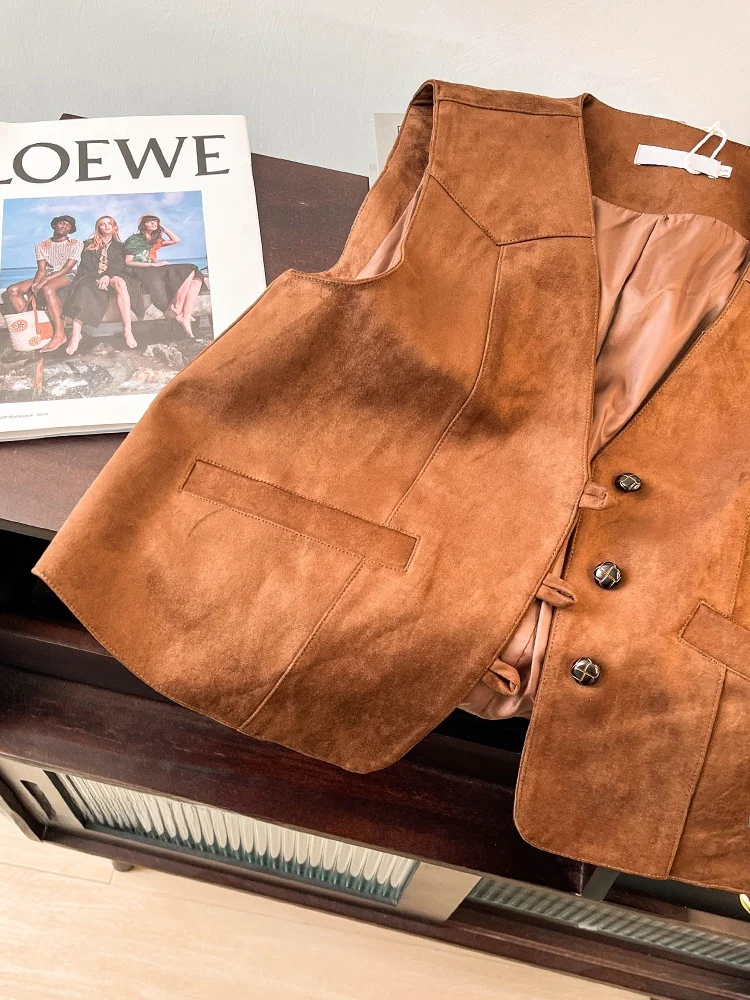 레트로 V넥 여성 조끼 2025 봄 루즈 레이어링 숄더 코트 탑 버튼 레귤러 길이 싱글 버튼 단색