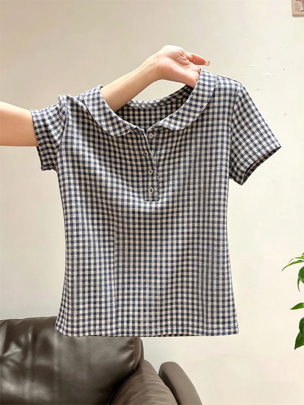 

Casual Plaid Short Sleeve Shirt Women's Loose Fit Summer 2026 Button up Casual Style Fashion Design Sense Slimming Top