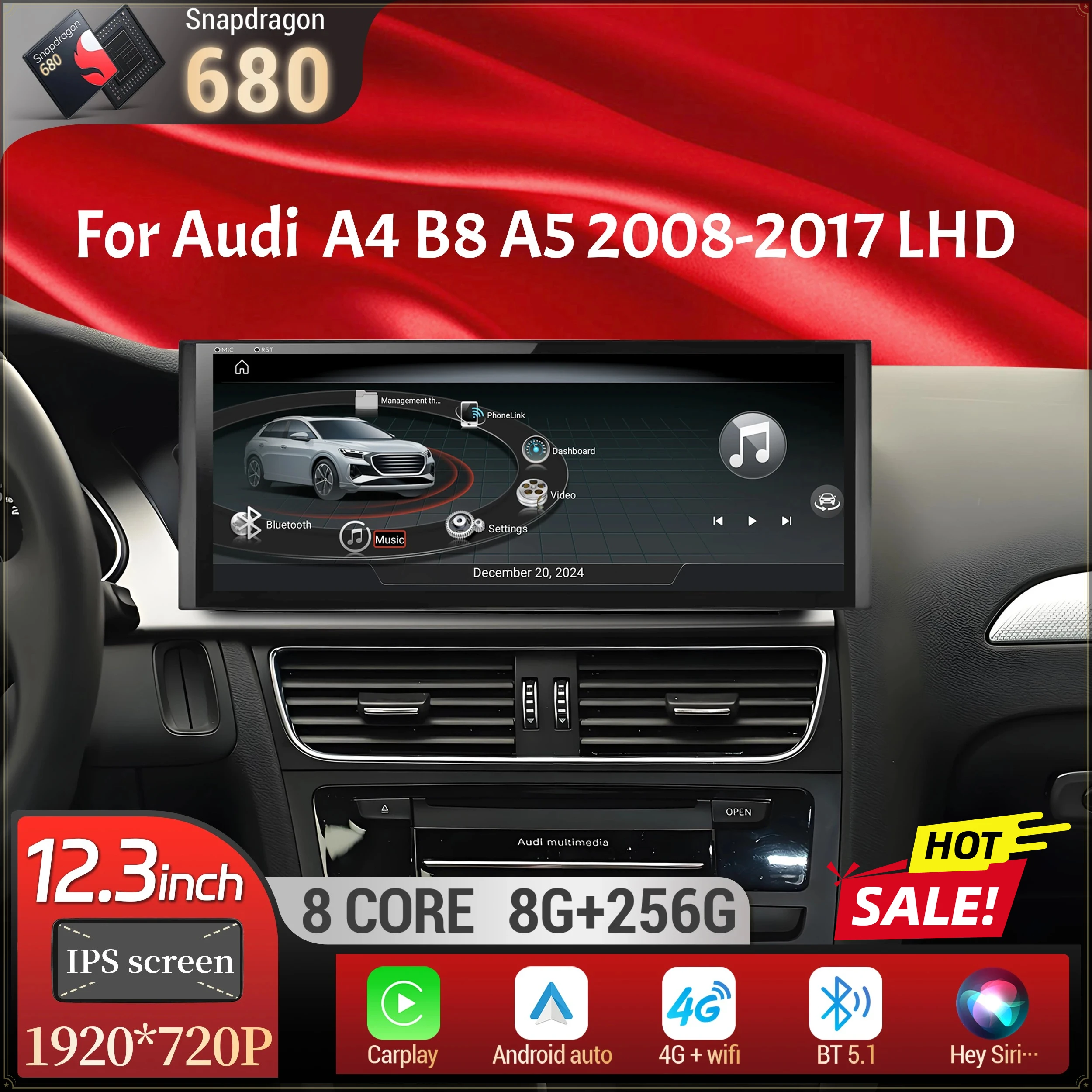 12.3 inch For Audi A4 B8 A5 2008-2017 Left Hand Drive Android 14 Car Radio BT Carplay Qualcomm Snapdragon 680 Head Unit Screen