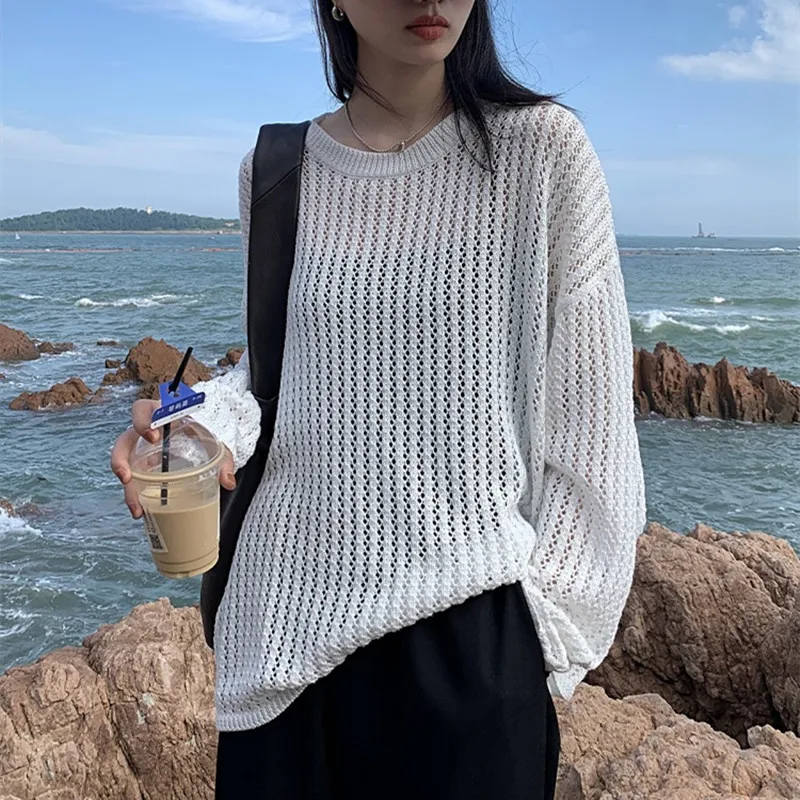 

Chic Spring Knitted Long Sve Hollow out Design round Ne Casual Pure Color Loose Fit Sweater Comfortable Breathable Top