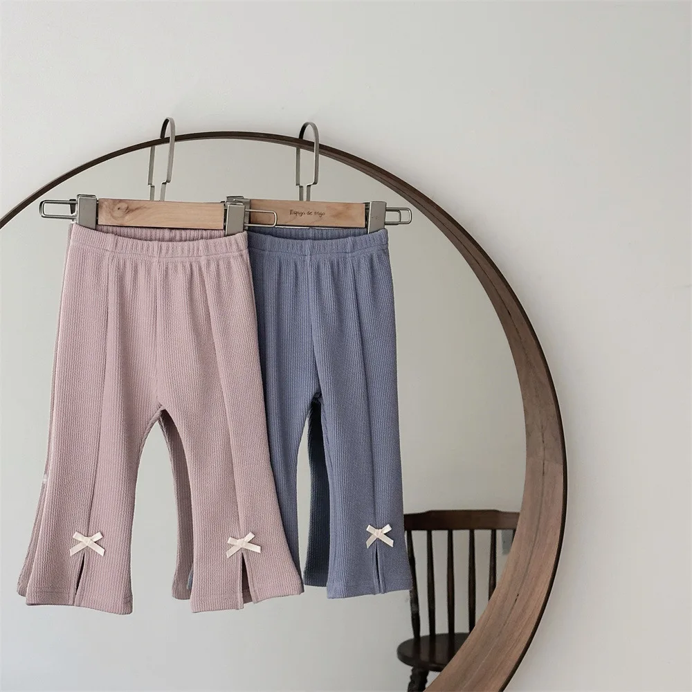 

2024 Autumn New Baby Girl Bow Front Opening Flared Pants Infant Toddler Solid Trousers Cotton Girls Casual Pants Kids Clothes