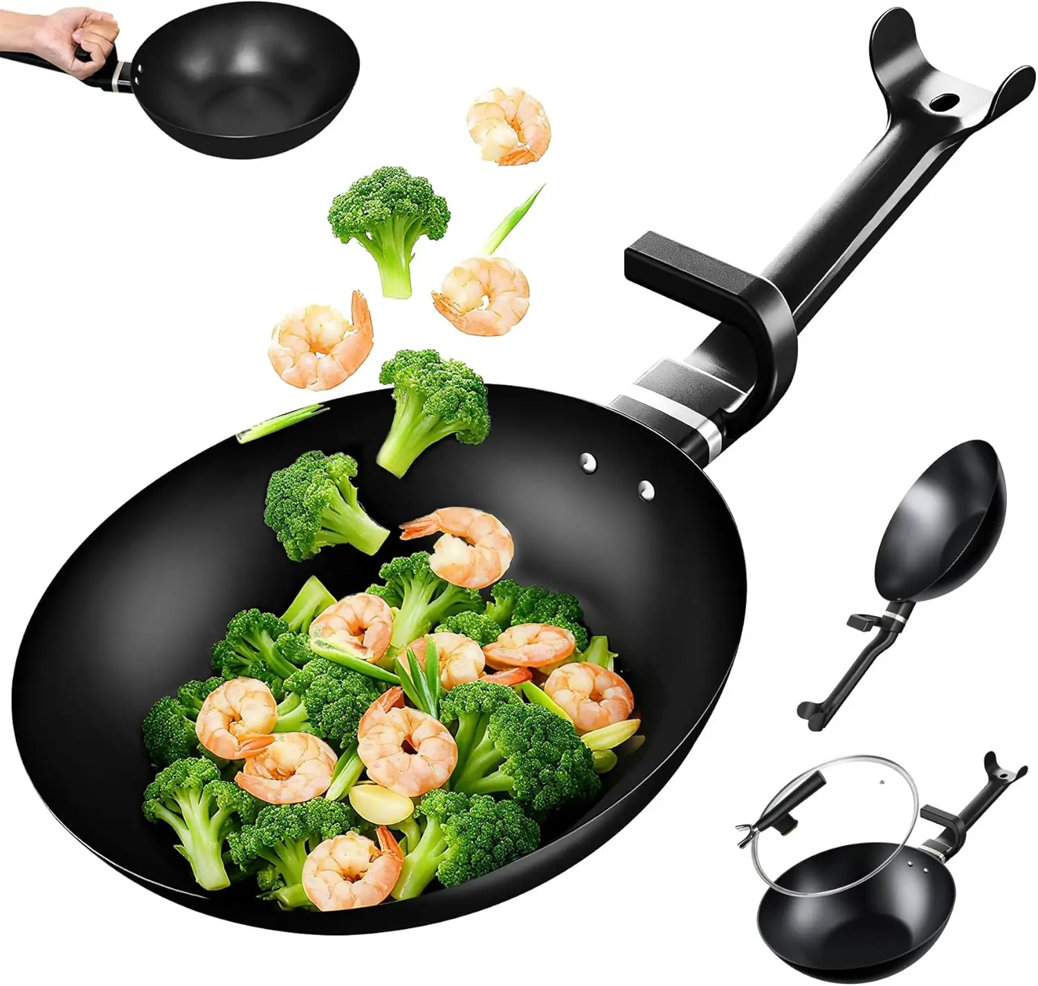 

Сковорода вок из углеродистой стали, сковорода соте с антипригарным покрытием, 13-дюймовые сковороды для жарки и жарки с антипригарным покрытием с эргономичной ручкой, посуда, кастрюли и сковороды, V