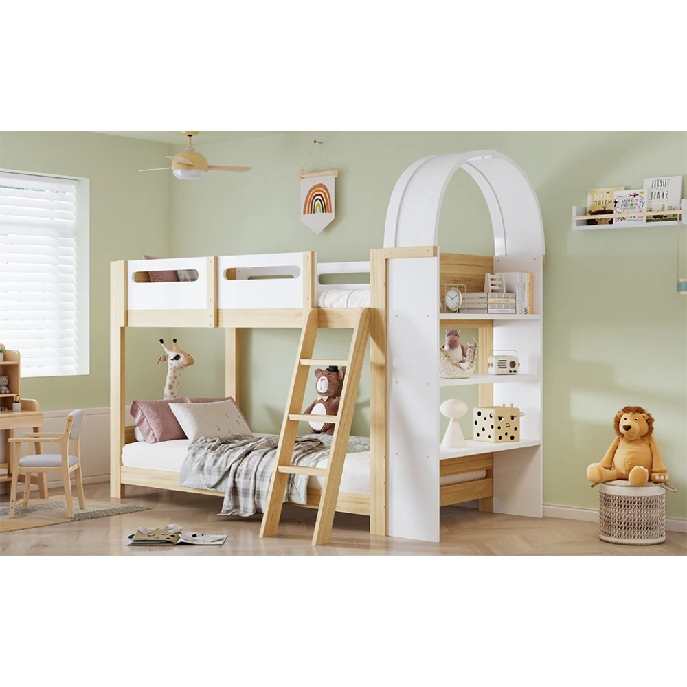 Kinder-Etagenbett mit 3-stufigem Regal, 3-stufiger Leiter und Sicherheitsgitter – stabile Lattenrostkonstruktion, geeignet für Kinderzimmer (ohne Matratze). – Detail 10