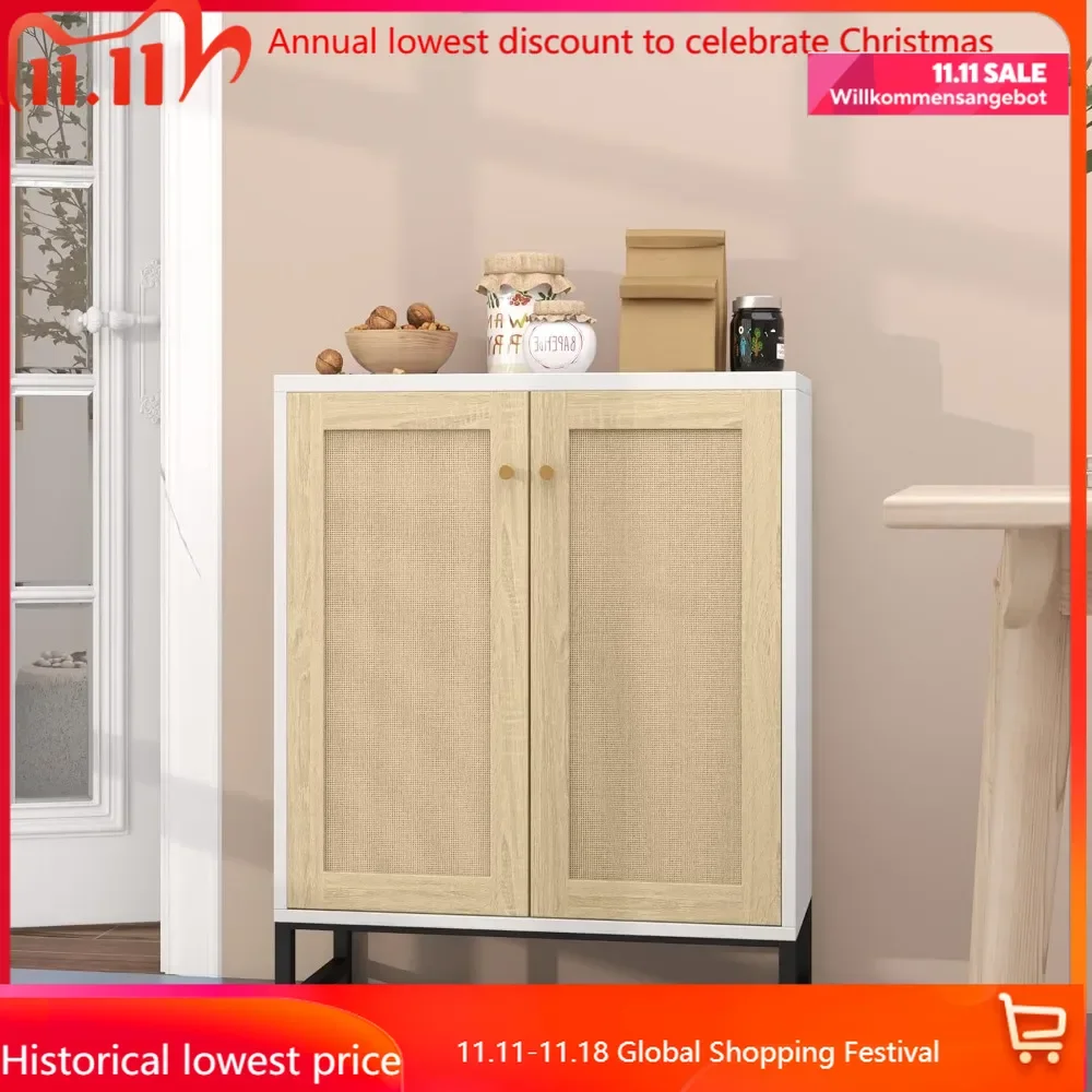 Rattan Decorated 2 Doors Storage Cabinet Accent Cabinet Living Room Cupboard Kitchen Sideboard Buffet Table (White)