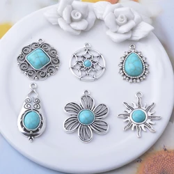 10pcs Antique Silver Color Alloy Imitation turquoise stone Sun Flower Square  Earrings  Charms Jewelry Dreamcatcher Pendants