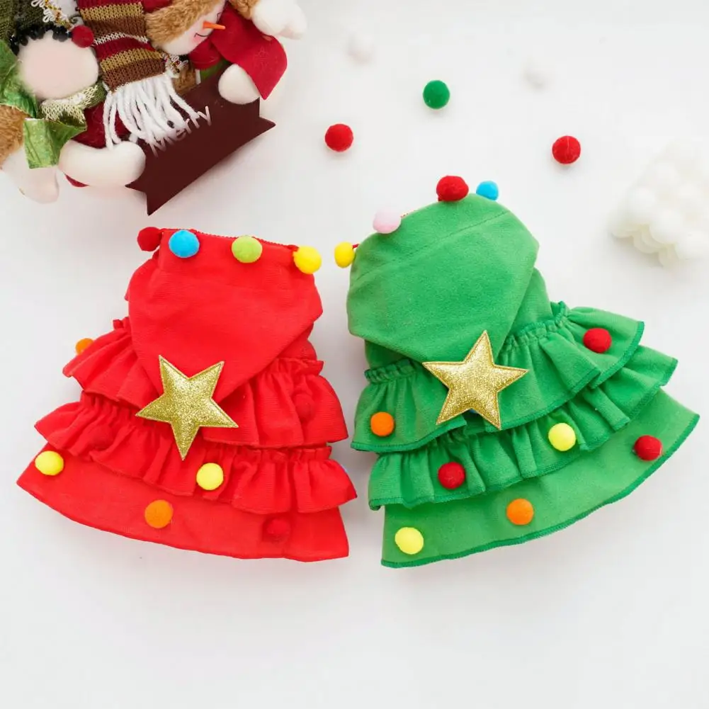 Plush Ball Decor Pet Cloak Festive Pet Christmas Cloak with Plush Ball Star Decor Ruffle Hem Winter Holiday for Dogs for New