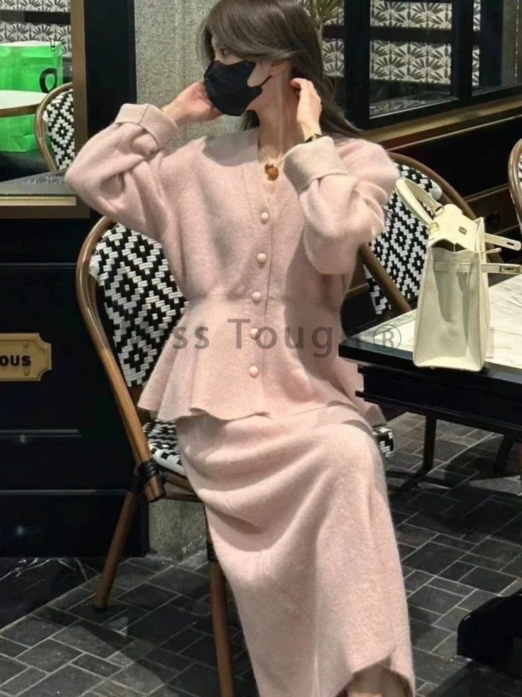 2023 Winter Pink Elegant Knitted Two Piece Set Women V Neck Vintage Sweater Midi Skirt Suit Female Korean Fashion Casual Clothes