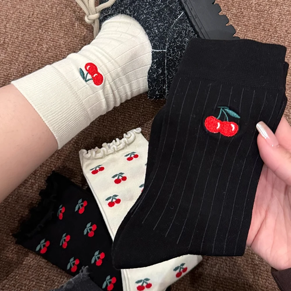 Embroidery Cherry Women Socks Japanese Fashion Knitted Cotton Black White Long Socks Women Sweet Girl Lolita Kawaii Ruffle Socks