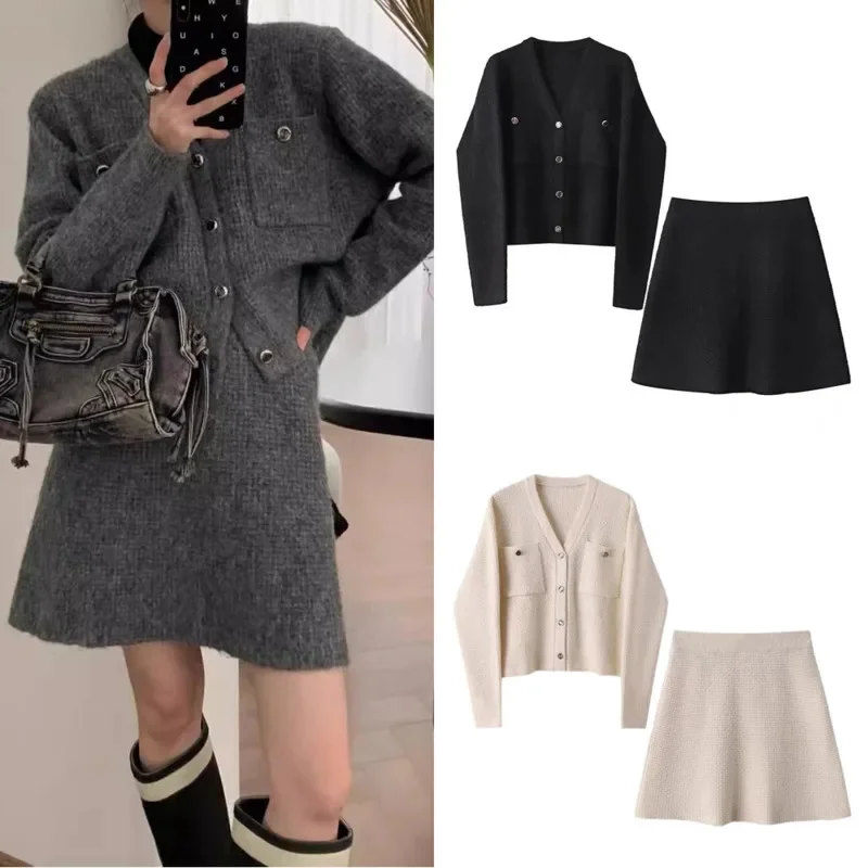 

Striped Sweater Cardigan Skirt 2 Pcs Set Women Autumn Winter Korea Fashion Outfit Sweater Cardigan Jacket Half A-line Skirt New