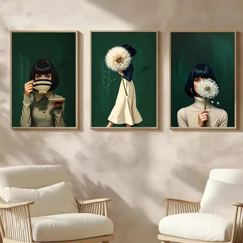 Emerald Green Woman with Dandelion Canvas Prints Poster Modern Minimalist Abstract Art Painting Living Room Wall Art Home Decor
