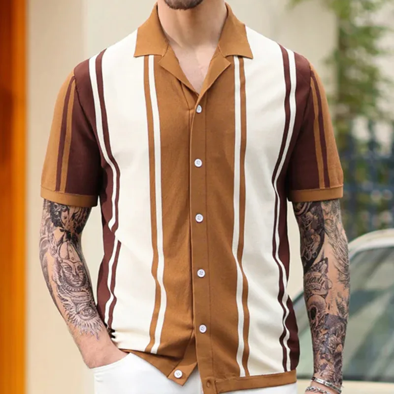 PFHQ New Men's Summer Clothing Stitching Contrast Color Sweater Lapel Business Shirt 2024 Male Tops Korea Fashion 21Z5528