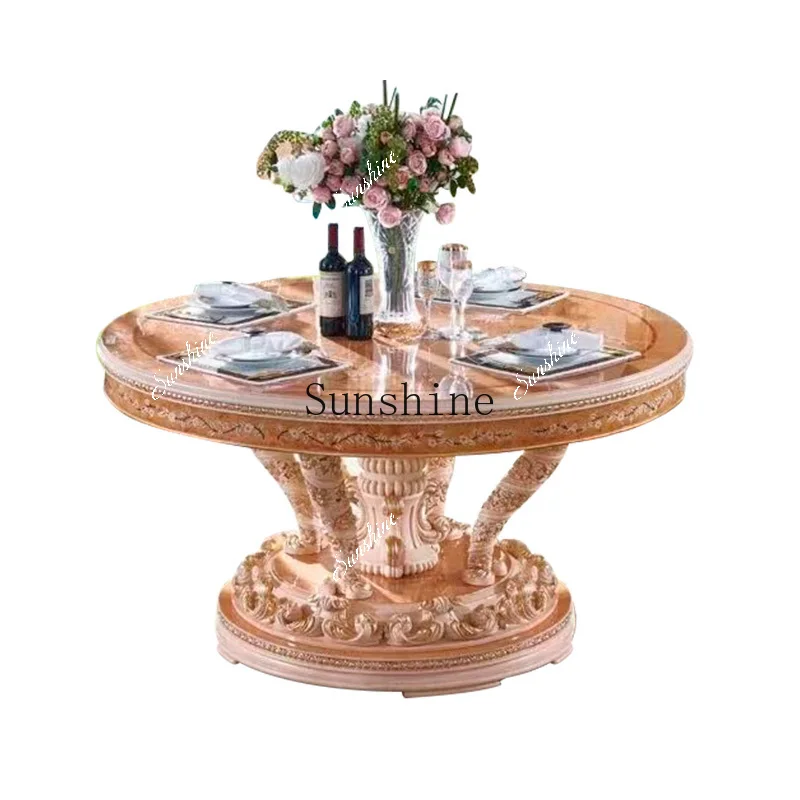 European-style all-solid wood carved dining table, dining chairs, eating round table, large apartment  FT