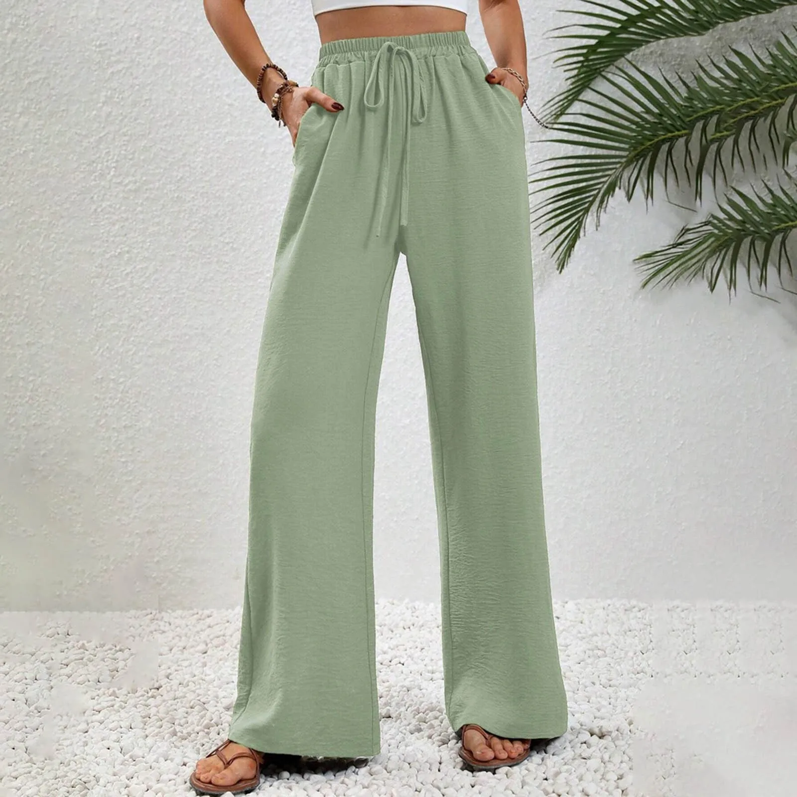 2024 New Women'S Solid Color Floor-Length Wide-Leg Pants High Waist Lace-Up Loose Comfortable Breathable Casual Pants