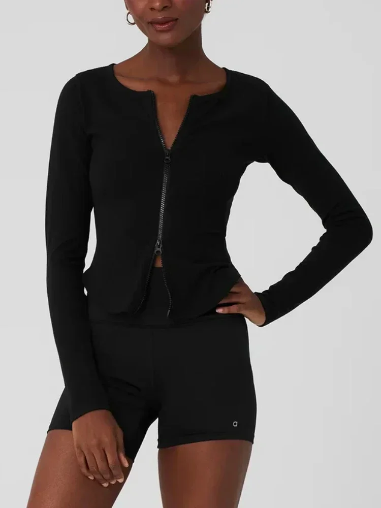 

White Double Zipper Knitted Pilates Top Slim Fit Breathable Long Sleeve Yoga Fitness Shirt Fashion Sexy AL Running Top