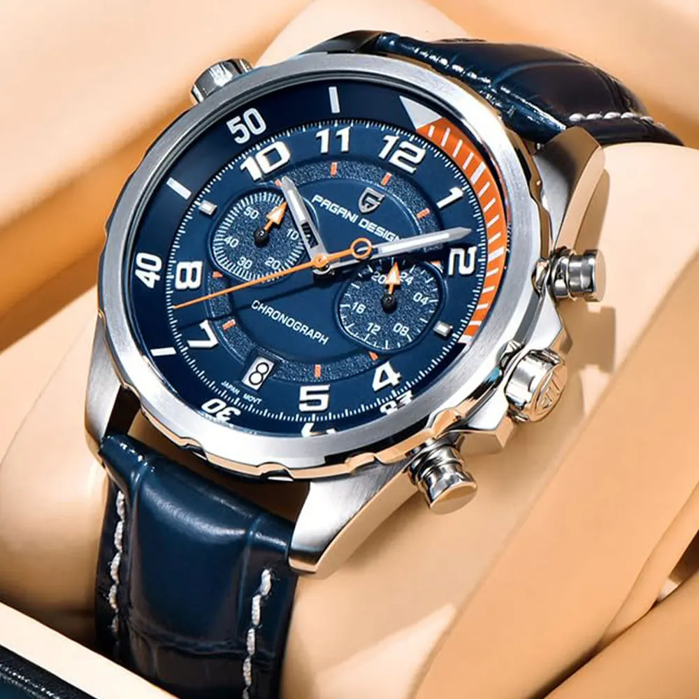 

PAGANI DESIGN Новые мужские часы в стиле милитари, 44 мм, с сапфировым стеклом, водонепроницаемые, светящиеся, кожаные, многофункциональные, кварцевые наручные часы, подарок для мужчин