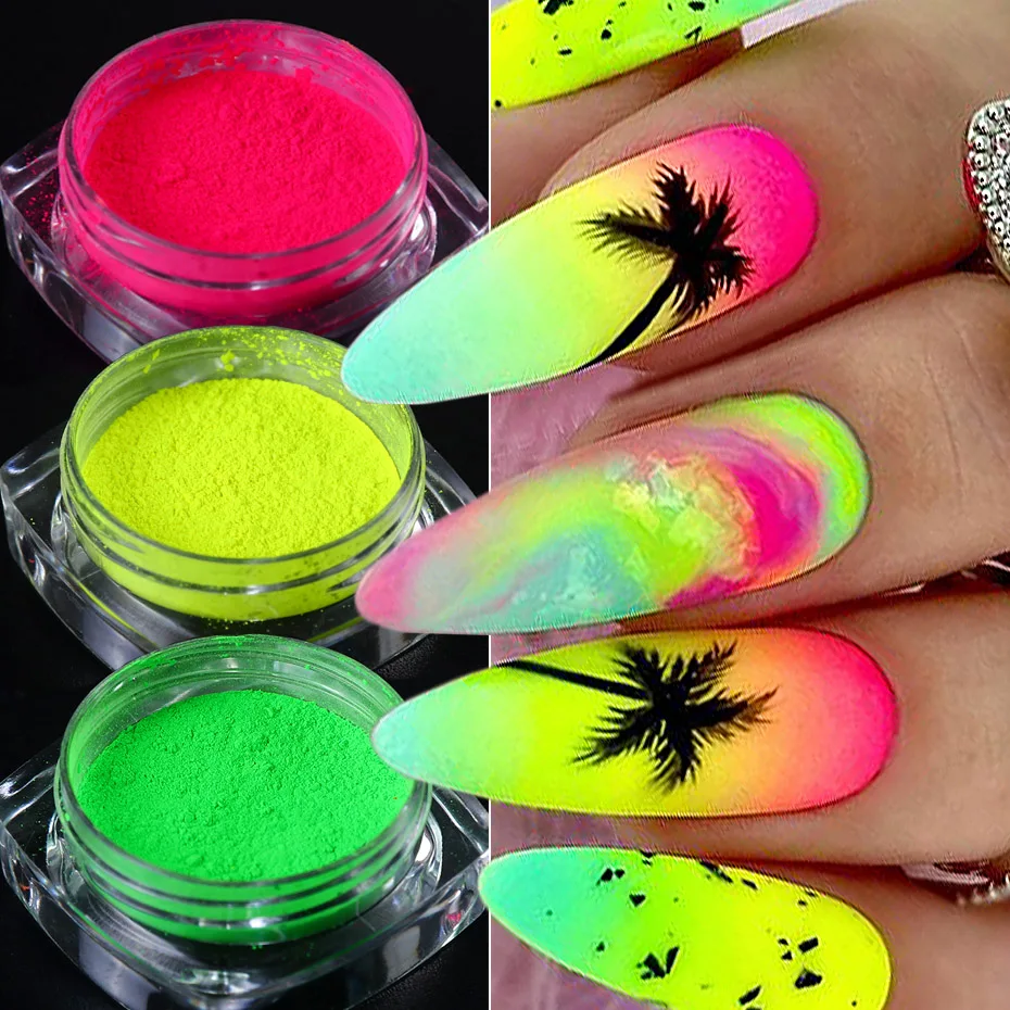 12Colors/Set Fluorescent Chrome Nail Powder Yellow Green Neon Gradient Pigment Nail Glitters UV Polish Dust Manicure Decorations