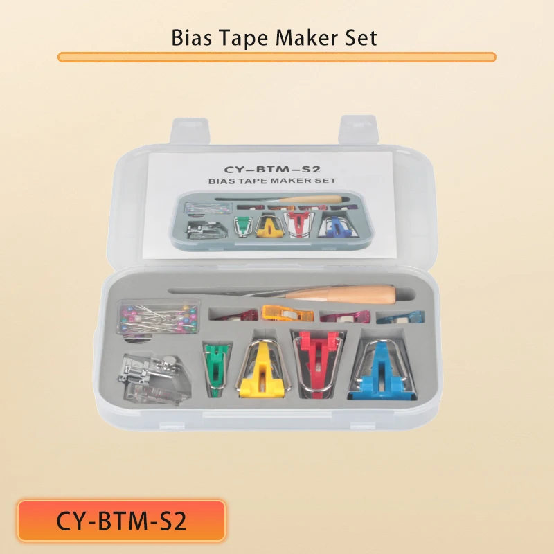 Schrägband-Maker-Set Cy-Btm-S2, Box mit Bindemittelbindung, zum Aufstecken auf dem Fuß, Schrägband-Maker, Ahle-Pin-Set zum Nähen von Steppdecken