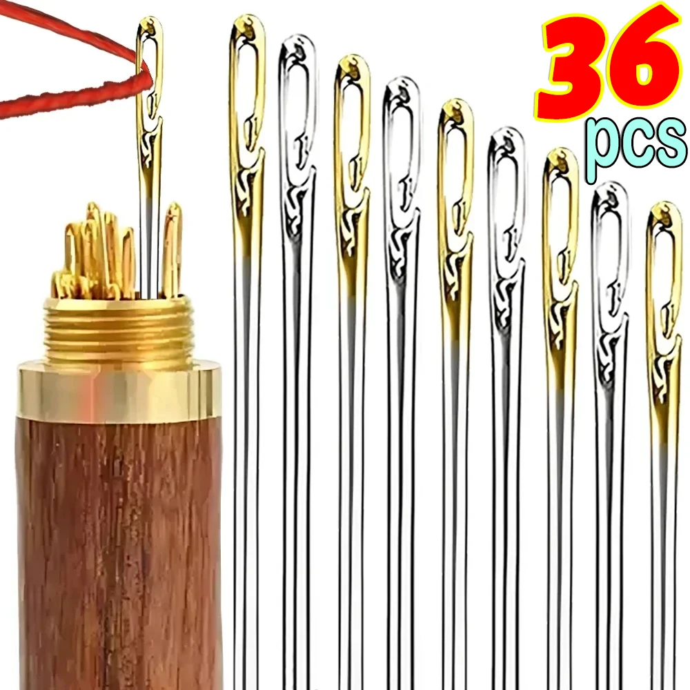 12/36pcs Blind Sewing Needle Elderly Stainless Steel Quick Automatic Self-Threading Needle Stitching Pins Punch Needle Threader