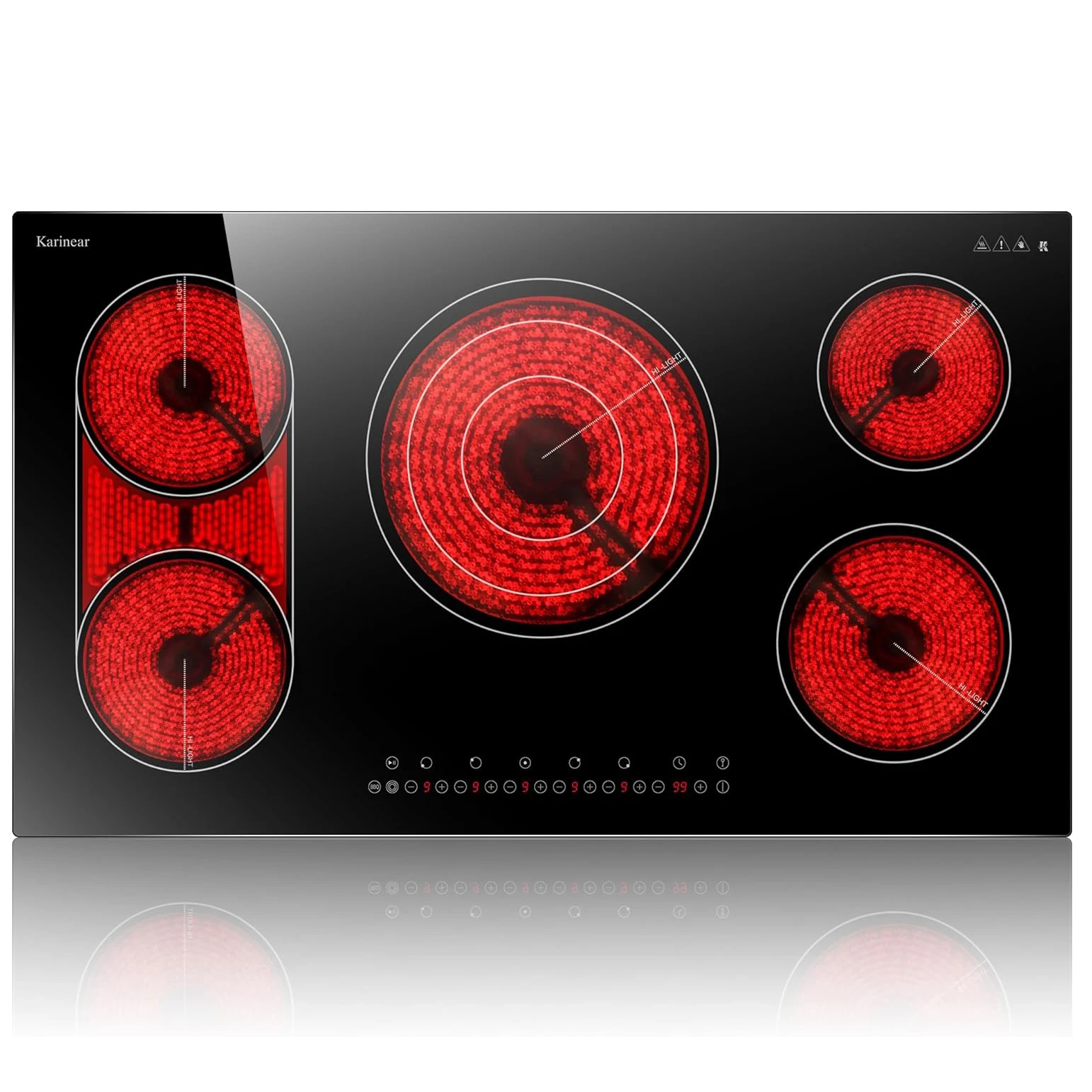 

Karinear 36-дюймовая электрическая керамическая плита с 5 конфорками, гибкий мост и тройной расширяемый, пауза, таймер, замок, встроенный жесткий провод 9900 Вт, 240 В