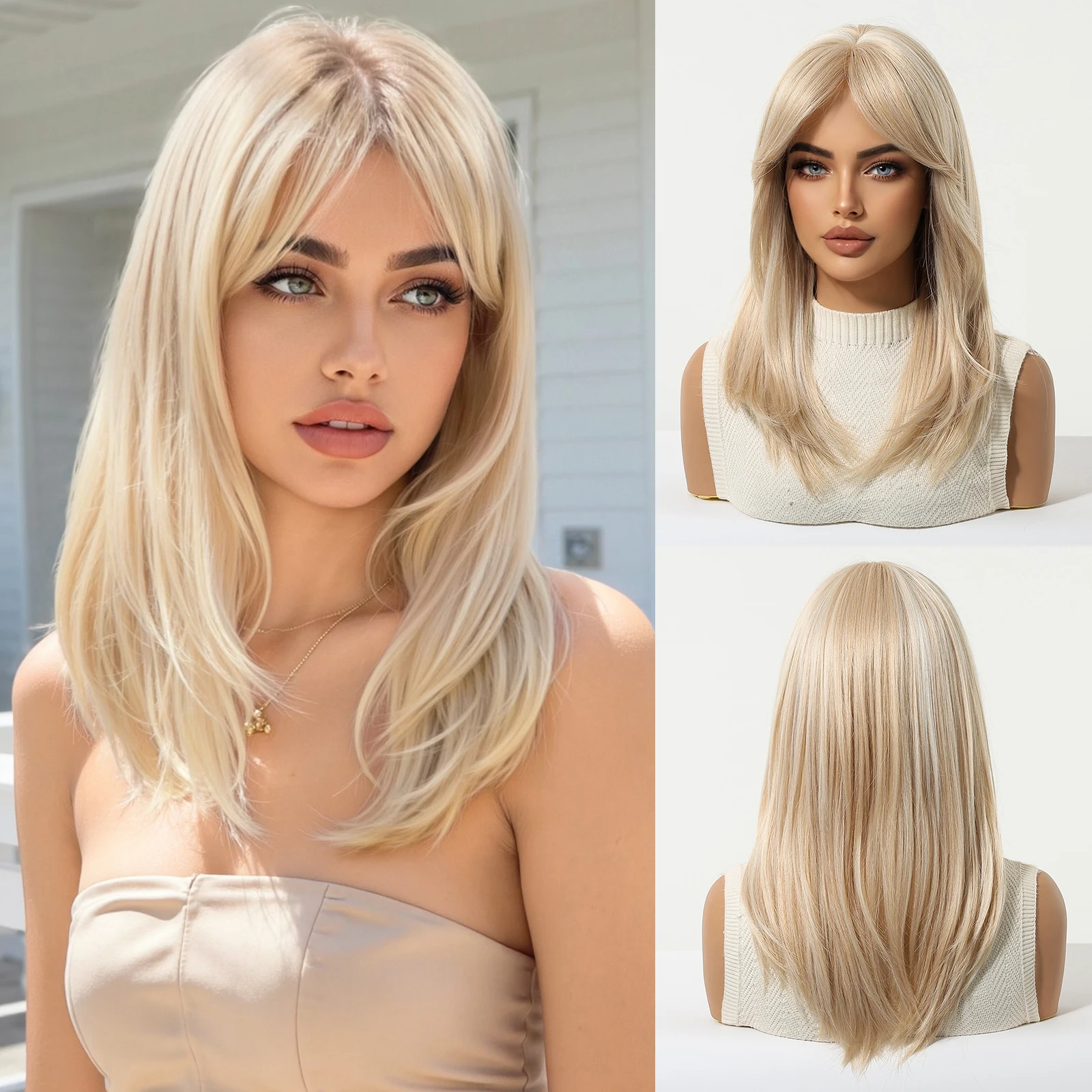 

HENRY MARGU Блондинка Модные Синтетические Парики Средние Прямые Парики С Челкой Ежедневные Накладные Волосы Парики Из Высокотемпературного Волокна Для Женщин