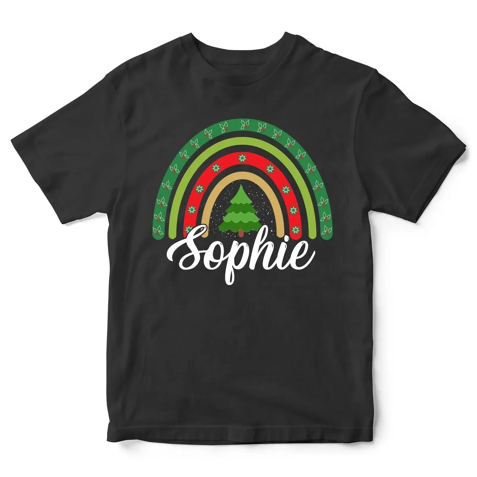 Personalized Christmas T Shirt with Rainbow Children's Design Holly and Tree vintage Washed Slightly Stretched Soft Comfortable