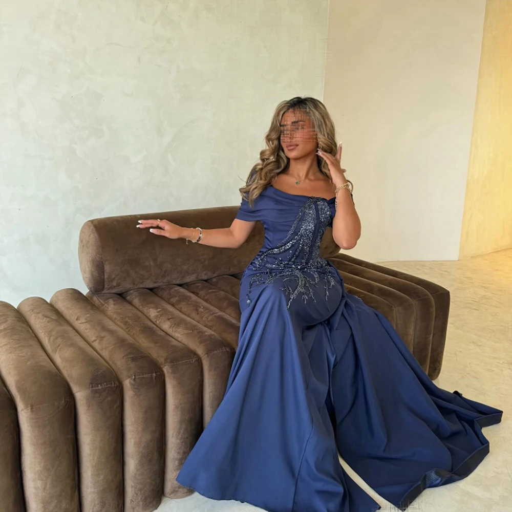 

Customized Navy Blue Off the Shoulder Sequined Appliques Evening Dresses Jersey Floor Length A-line Pageant Gowns