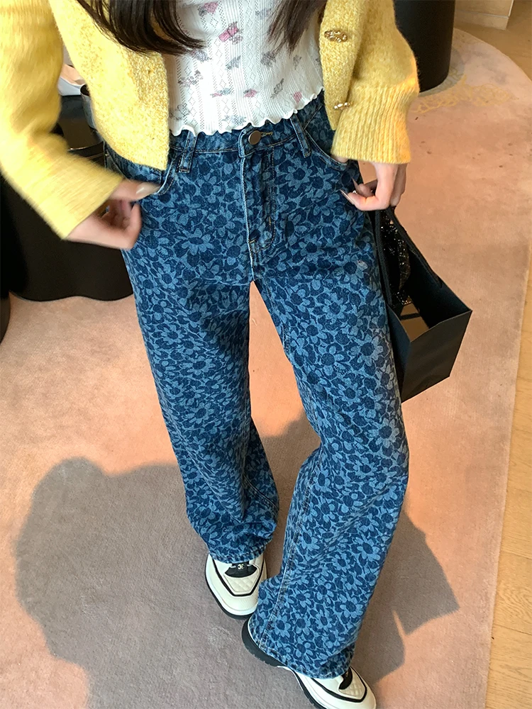 

Женские прямые джинсы Bigking со средней и низкой талией, темно-синие хлопковые джинсы с цветочным принтом на молнии, повседневная одежда на весну и осень