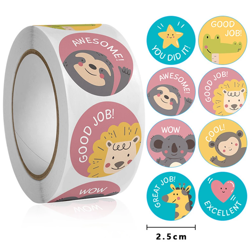 50-500Pcs Round English Cartoon Animal Stickers Teacher Reward Students Stickers Self-adhesive Stationery Stickers