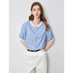 TOYOUTH Women Shirt Blouse 2024 Summer New Korean Style Blue and White Stripe Shirt Button Buff Short Sleeve Trendy Blouse Top