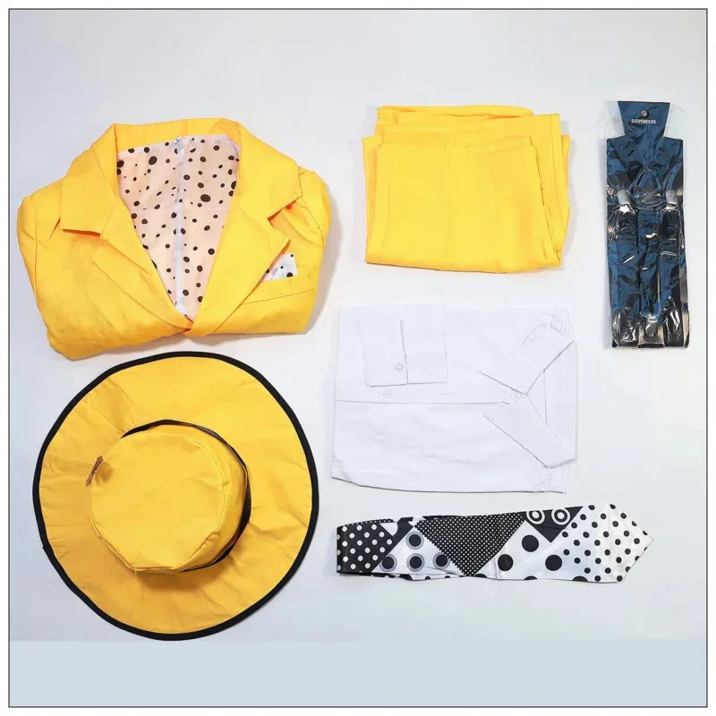 Cosplay MovieTV La maschera Jim Carrey Costumi Set Unisex adulto Abito giallo Abiti uniformi Halloween Carnevale Dress Up Party