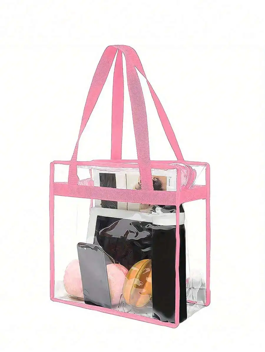 

Transparent PVC Zippered Tote Bag With Pink Trim – Large Capacity For Beach, Concerts, Gym, School, And Travel Essentials