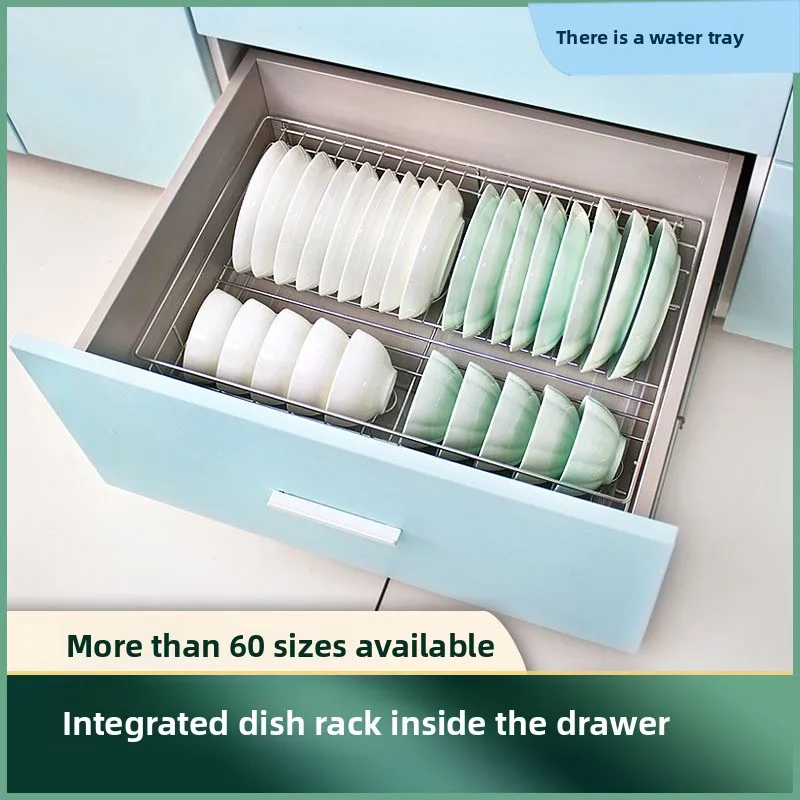 Stainless Steel Cabinet Dish Rack Pull-Out Water Tray Welded Bowl Plate Organizer In Multiple Sizes Kitchen Drawer Interiors
