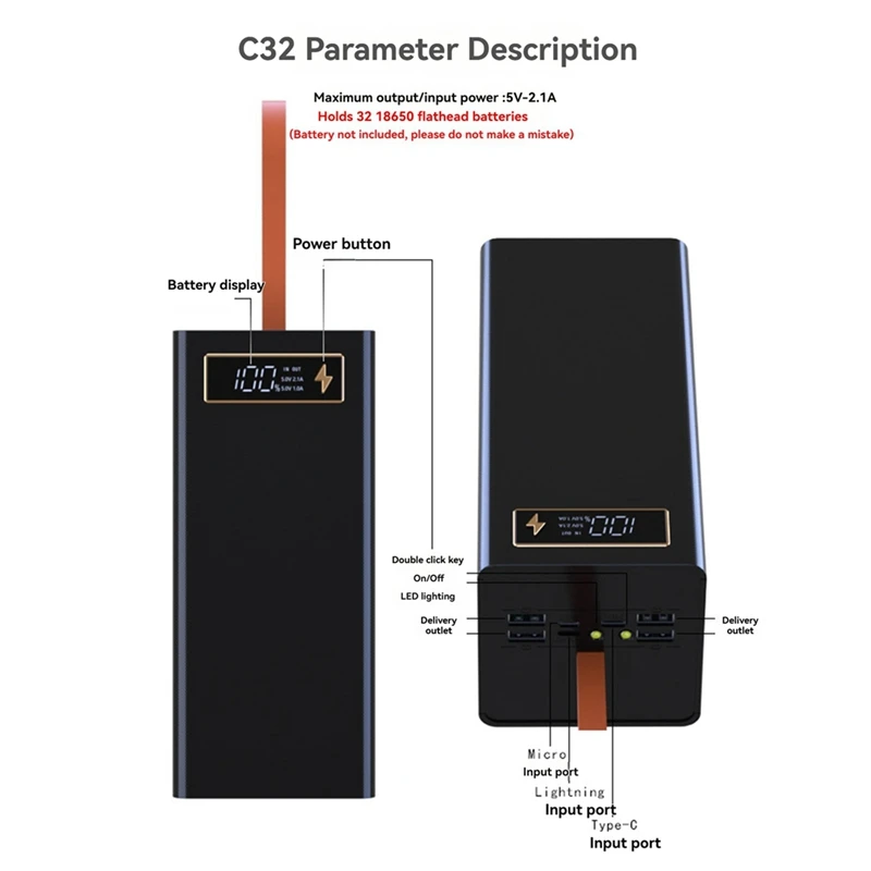 32X18650 Battery Case Powers Bank Case Plastic Housing Faster Chargers Case For 18650 Batteries Detachable Design