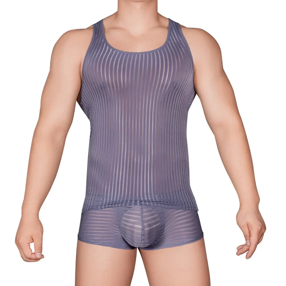 Sexy Men Vest Mesh Stretchy Underwear Posing Fit Muscle Tank Top Ultra-thin Transparent Tees Comfort Breathable Sleepwear