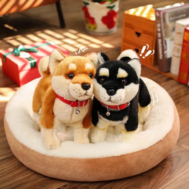 

Realistic Shiba Inu Plush Toy Brown Black Soft Stuffed Dog Doll with Red Collar Bell Adorable Pet Puppy Plushie Birthday Gifts