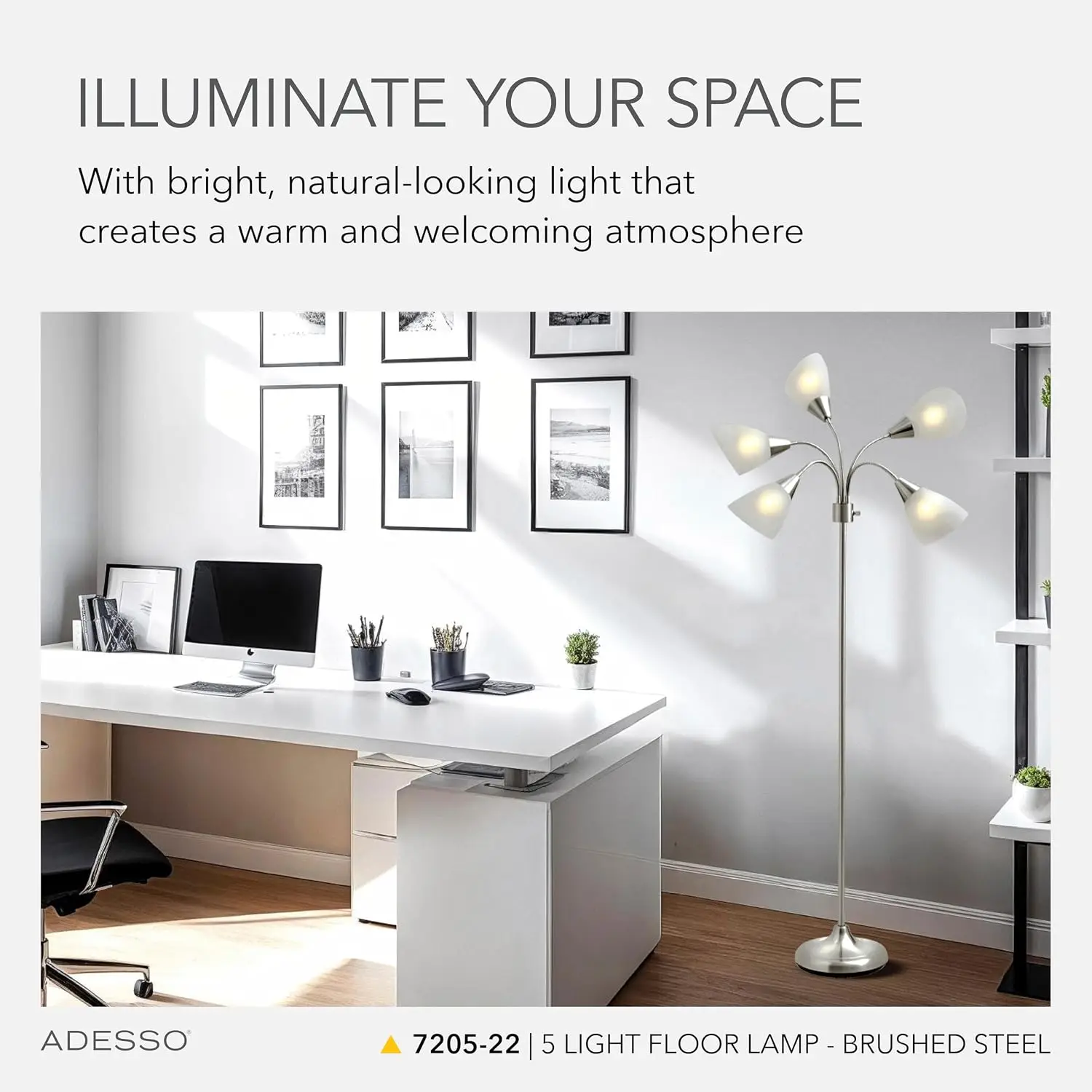 Silver Brushed‑Steel Standing Floor Lamp, Five Movable Lampshades, Adjustable Brightness, Suitable For Bedroom‑Decor, Beauty‑Studio & Art‑Studio Lighting