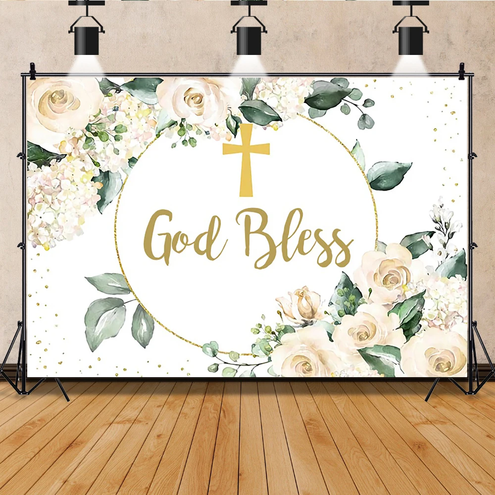 

God Bless Holy First Communion Photography Backdrop My Baptism Spring Flowers Glitters Baby Shower Birthday Photo Background