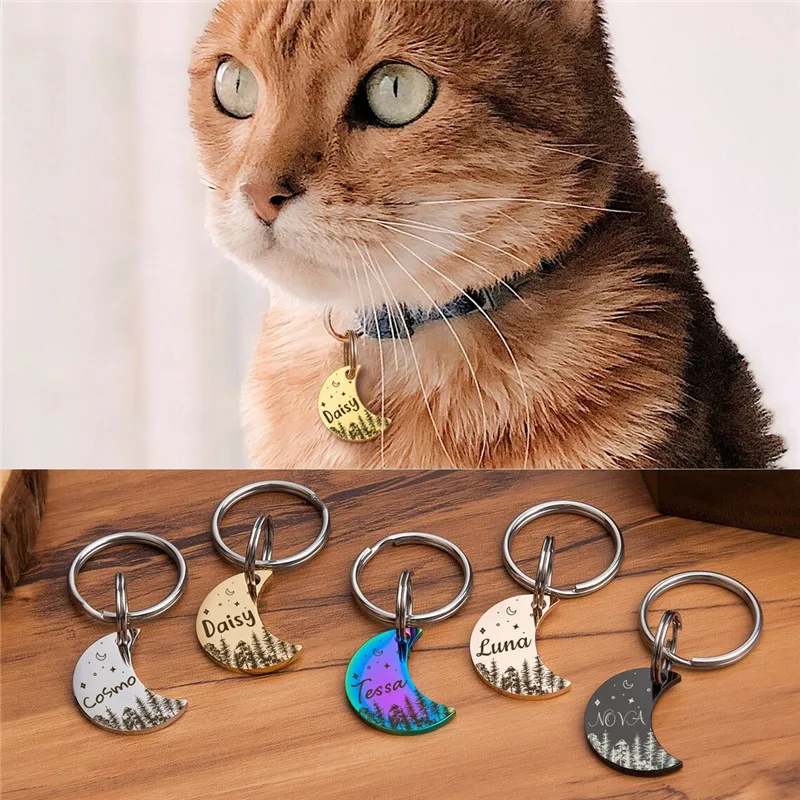 Personalized Moon Pet ID Tags Woods and Stars Dog Cat Tag Custom Name Number Dog ID Collar for Puppy Kitten Pet Accessories