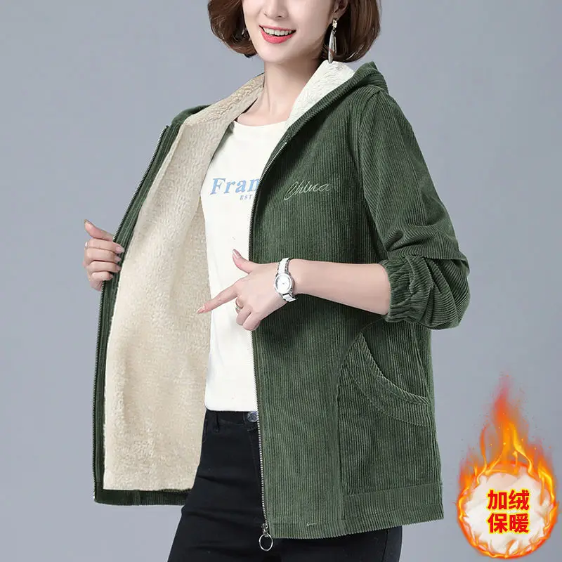 

Winter Fleece Corduroy Jacket Women Long Sleeve Zipper Warm Coat Korean Trench Coat Vintage Plus Size Casual Loose Green Blue