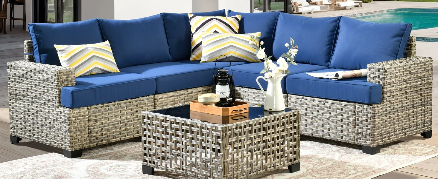 6 pcs outdoor sectional L shaped with Light table navy blue