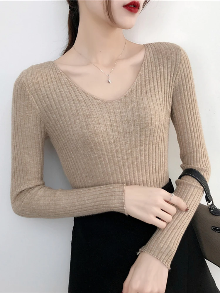 2024 V Neck Women Autumn Winter Sweaters Slim Knitted Pullovers Soft Warm Solid Jumper Female Sweater Casual Knitwear Jersey Top