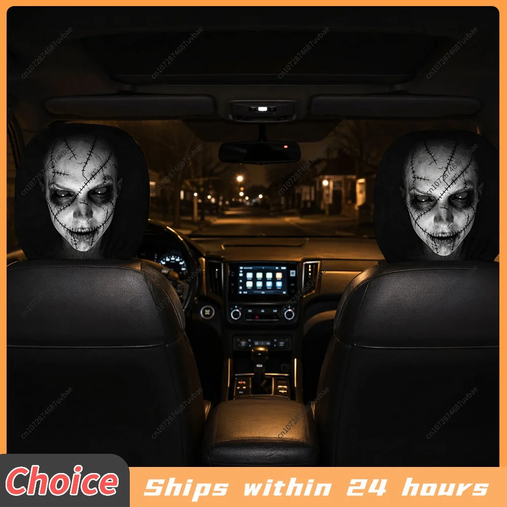 2PCS Halloween Scary Face Car Headrest Covers Horror Ghost Print Elastic Polyester Auto Pillow Protector