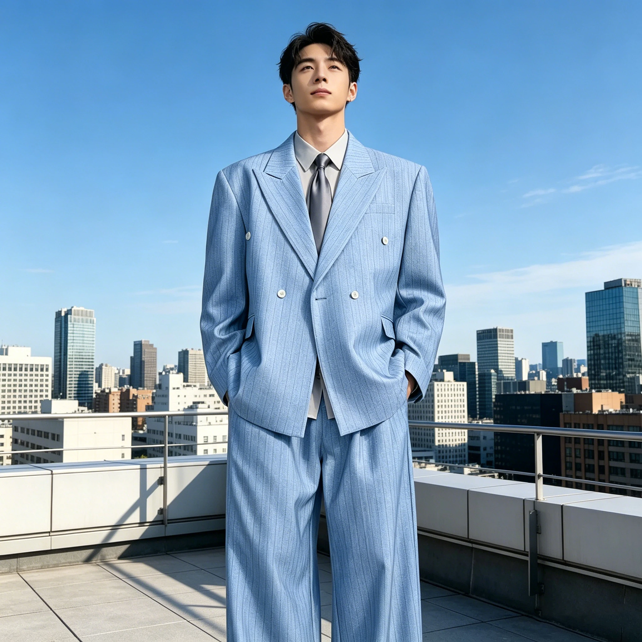 Men's 2-Piece Pinstripe Suit Oversized Double Breasted Blazer with Wide Leg Trousers Loose Fit Casual Business Formal Suit Set